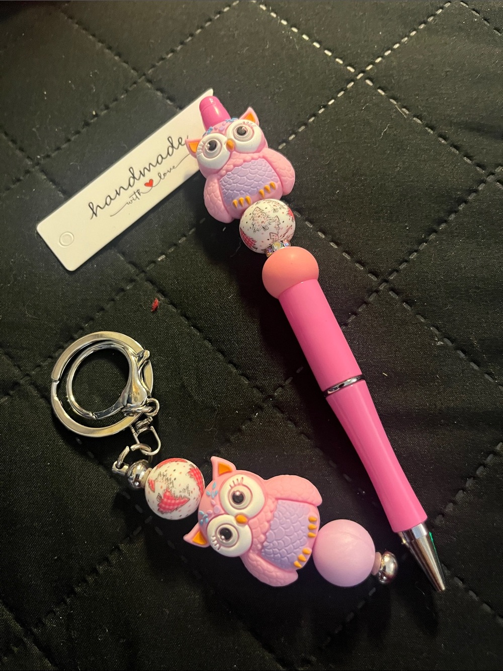 Handmade Pink Owl Beaded Pen & Keychain Set. Great gift idea. Accessorize ! 10